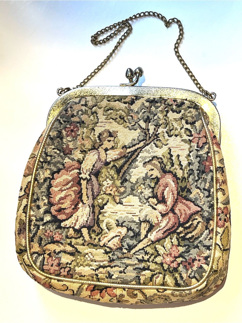 Vintage Multicolor Tapestry Evening Wristlet with Gold Trim